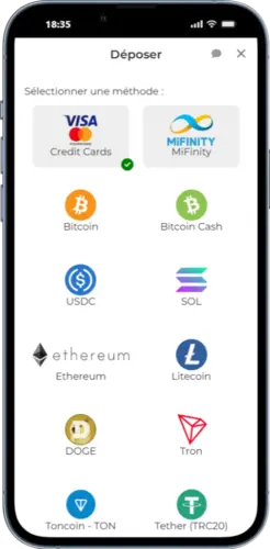 Sélection des méthodes de dépôt sur Lucky31, affichant les options de paiement par carte bancaire et cryptomonnaies disponibles pour les joueurs.