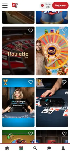Interface mobile Lucky31 affichant la sélection de jeux populaires, incluant la roulette en direct et des machines à sous mises en avant.