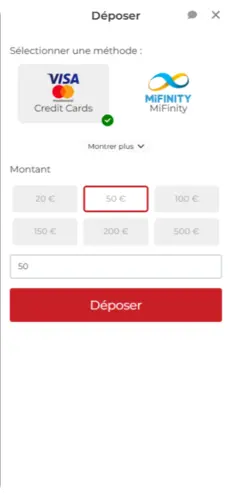 Fenêtre de dépôt Lucky31 sur mobile montrant les méthodes de paiement disponibles et le choix du montant à déposer.