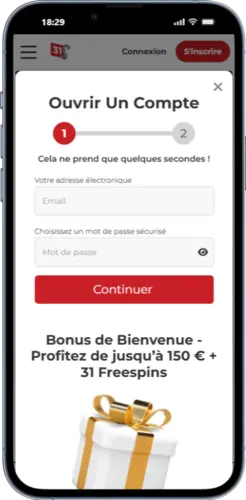 Écran de création de compte Lucky31 login montrant la saisie de l’adresse e-mail et du mot de passe lors de l’inscription.