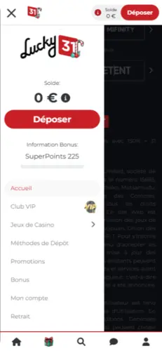 Menu latéral Lucky31 sur mobile donnant accès au solde du compte, aux dépôts, aux bonus et aux paramètres du joueur.
